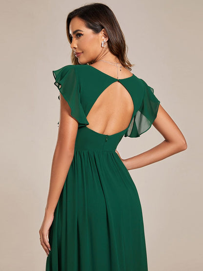 Weitese Back Cutout A-Line Pleated Ruffles Sleeve Chiffon Bridesmaid Dress