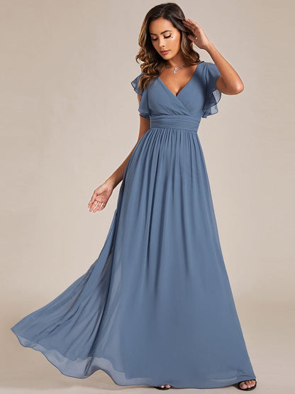 Weitese Back Cutout A-Line Pleated Ruffles Sleeve Chiffon Bridesmaid Dress