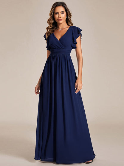 Weitese Back Cutout A-Line Pleated Ruffles Sleeve Chiffon Bridesmaid Dress