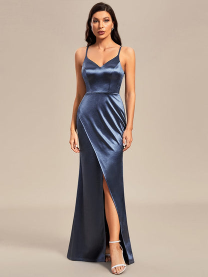 Weitese Pleated Front Slit Spaghetti Straps High Stretch Bodycon Satin Bridesmaid Dress