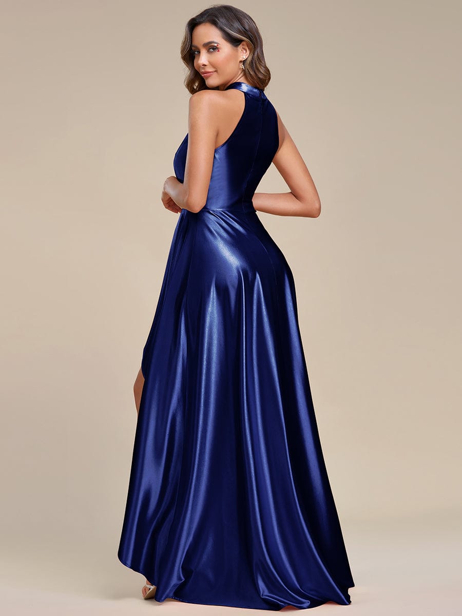 Weitese Belly Collar High-Low A-Line Satin Halter Bridesmaid Dress