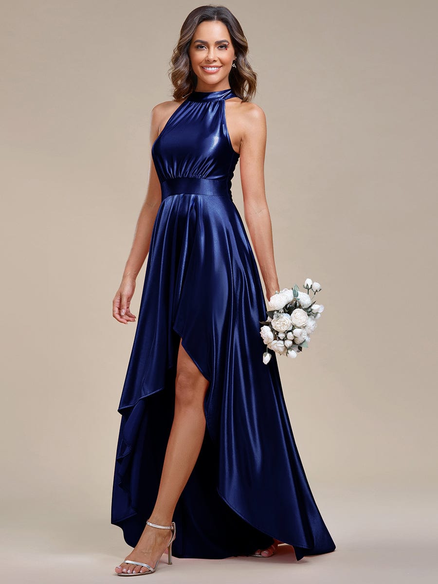 Weitese Belly Collar High-Low A-Line Satin Halter Bridesmaid Dress