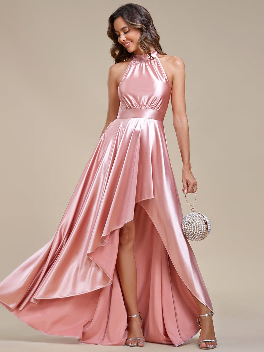 Weitese Belly Collar High-Low A-Line Satin Halter Bridesmaid Dress