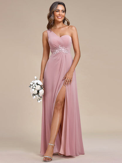 Weitese Waist Applique One-Shoulder A-Line Bridesmaid Dress with High Slit