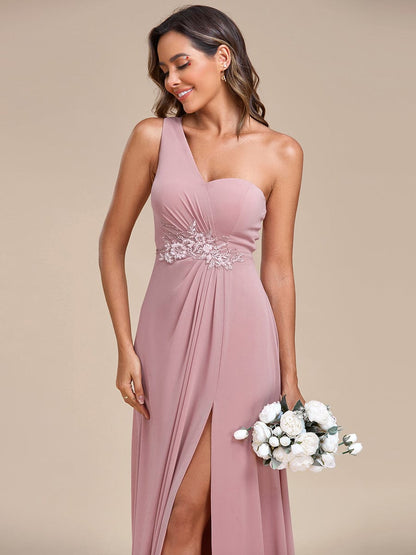 Weitese Waist Applique One-Shoulder A-Line Bridesmaid Dress with High Slit