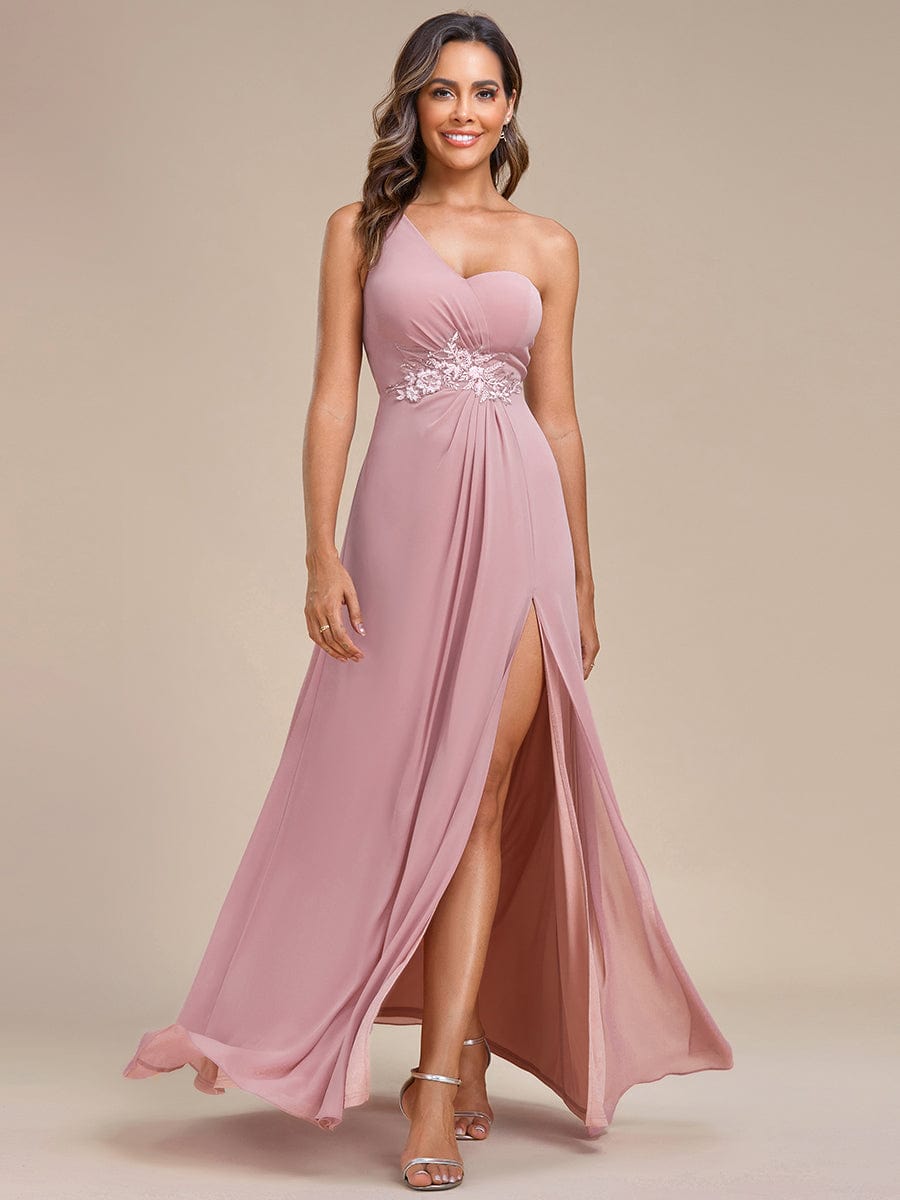 Weitese Waist Applique One-Shoulder A-Line Bridesmaid Dress with High Slit