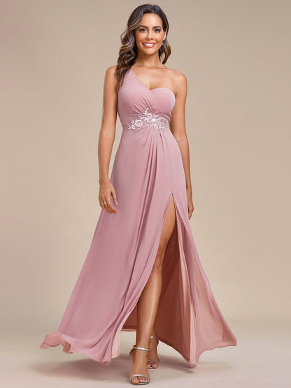 Weitese Waist Applique One-Shoulder A-Line Bridesmaid Dress with High Slit