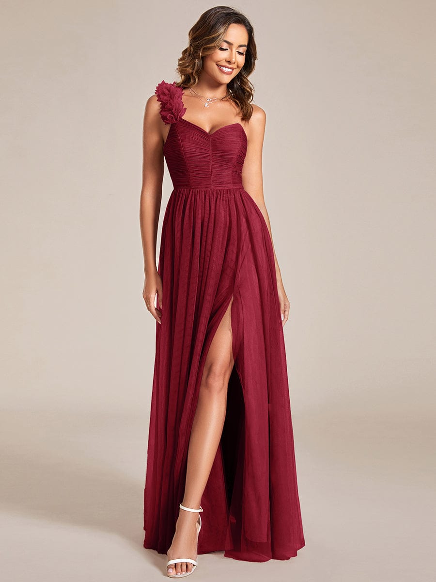 Weitese Sweetheart Neckline One Shoulder with Floral Tulle High Slit Bridesmaid Dress