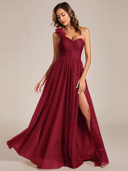 Weitese Sweetheart Neckline One Shoulder with Floral Tulle High Slit Bridesmaid Dress