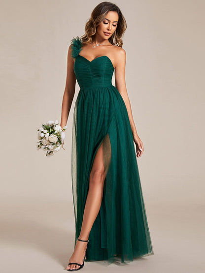 Weitese Sweetheart Neckline One Shoulder with Floral Tulle High Slit Bridesmaid Dress