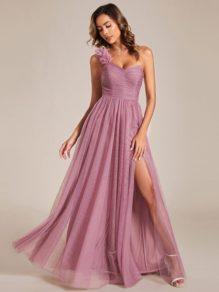 Weitese Sweetheart Neckline One Shoulder with Floral Tulle High Slit Bridesmaid Dress