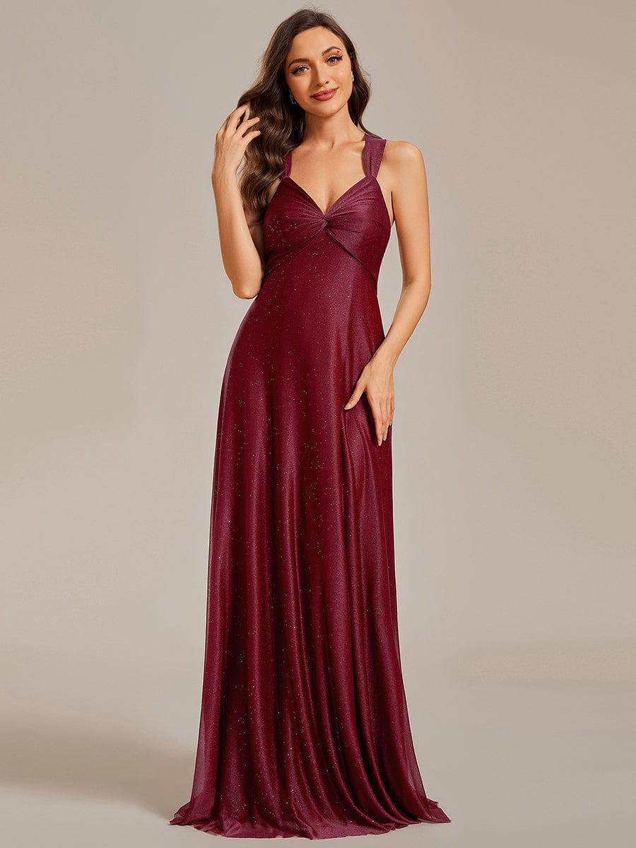 Weitese Glittery Pleated V-neck Adjustable Back Lace-Up Sleeveless Bridesmaid Dress