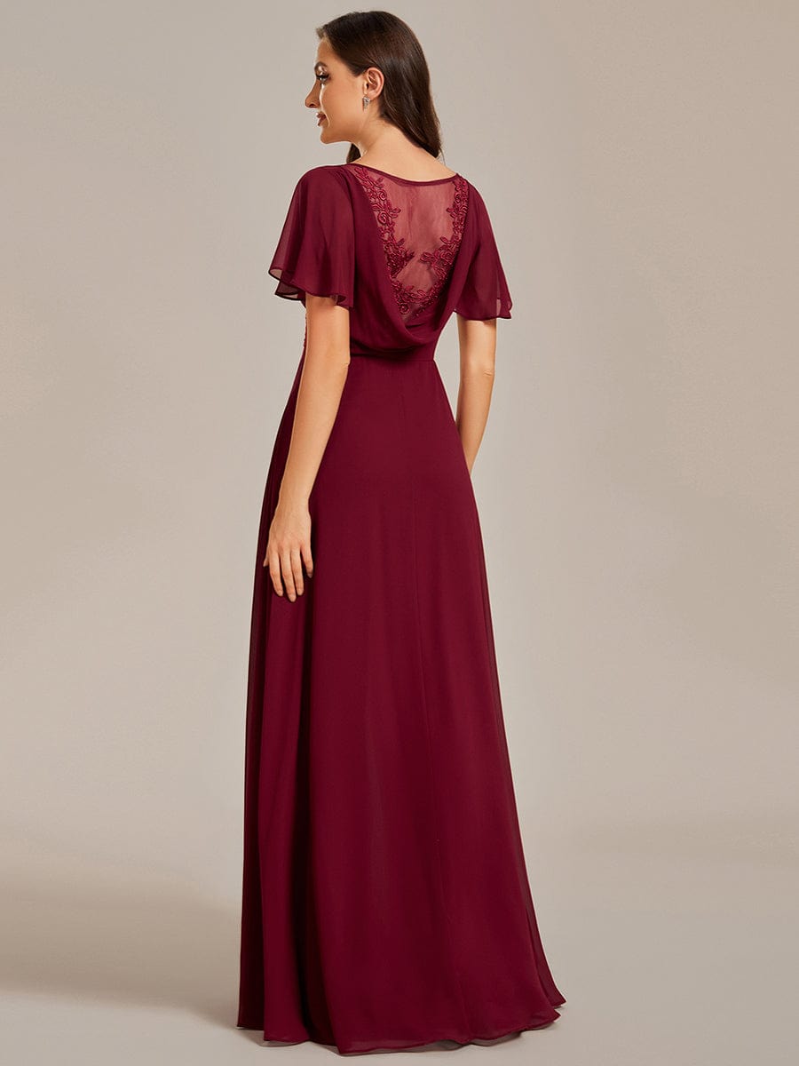 Weitese Back See-Through Swing Collar Applique Ruffles Sleeve A-Line Evening Dress