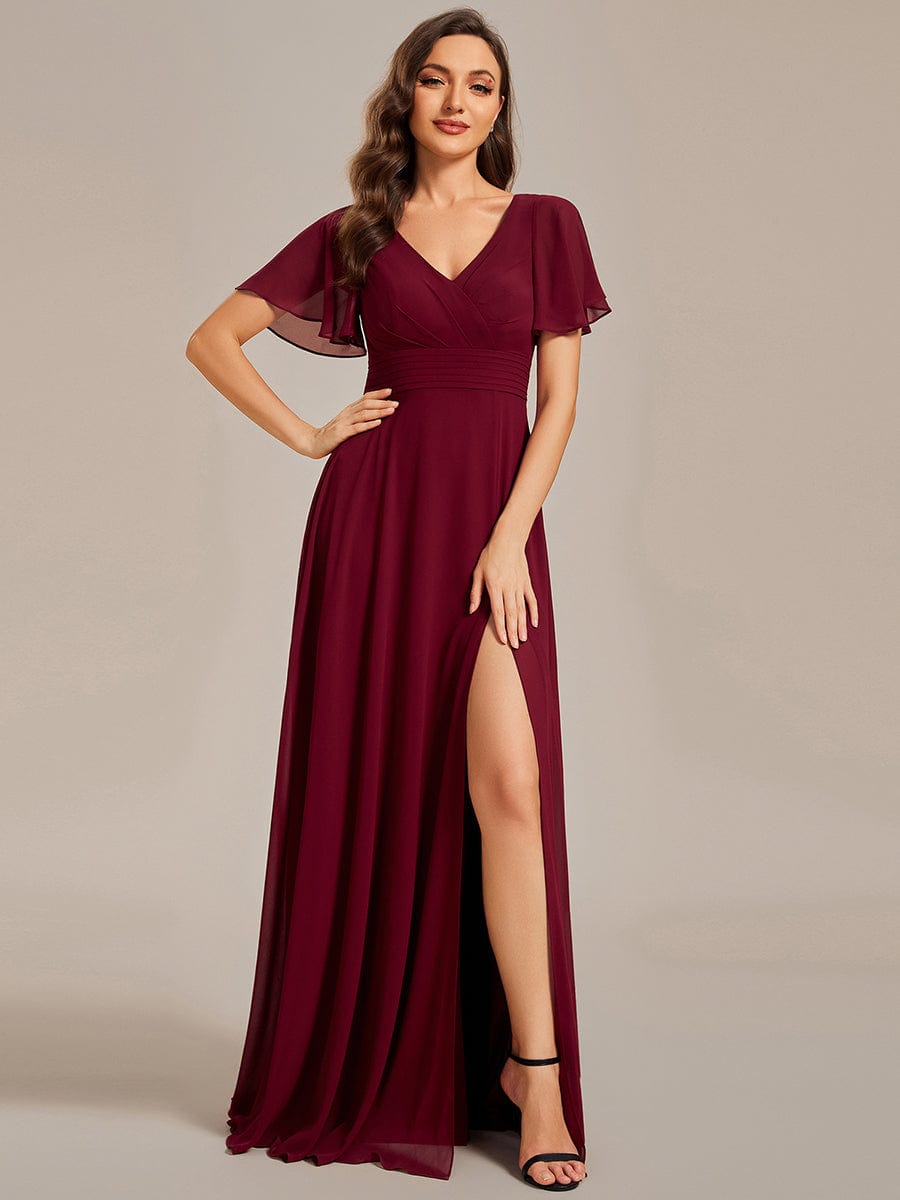 Weitese Back See-Through Swing Collar Applique Ruffles Sleeve A-Line Evening Dress