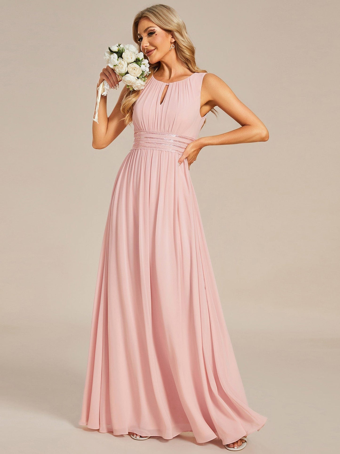 Weitese Simple Sleeveless A-line Chiffon Bridesmaid Dress with Hollow Out Detail