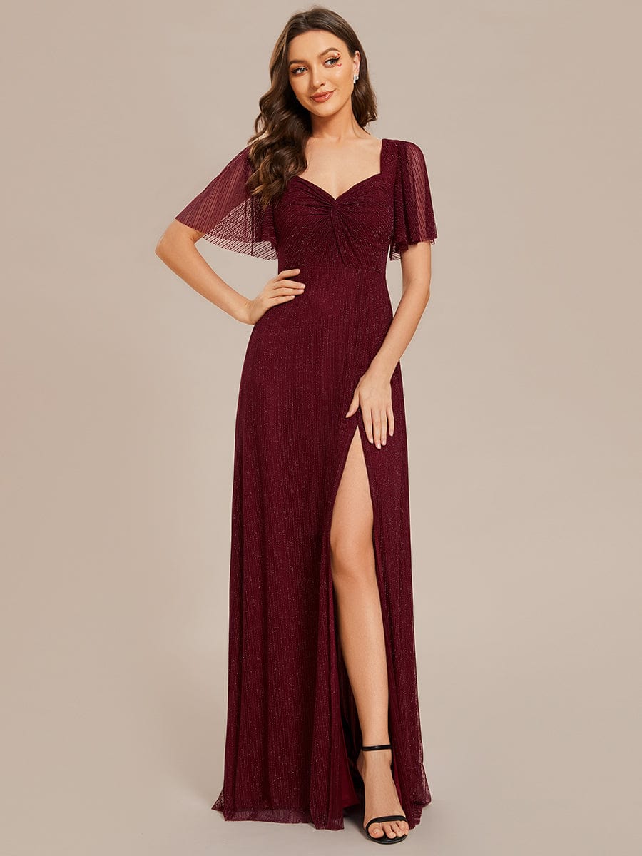 Weitese Glittery A-Line High Slit Elastic Waist Short Sleeves Back Lace-Up Bridesmaid Dress