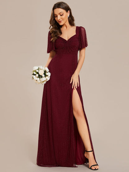 Weitese Glittery A-Line High Slit Elastic Waist Short Sleeves Back Lace-Up Bridesmaid Dress