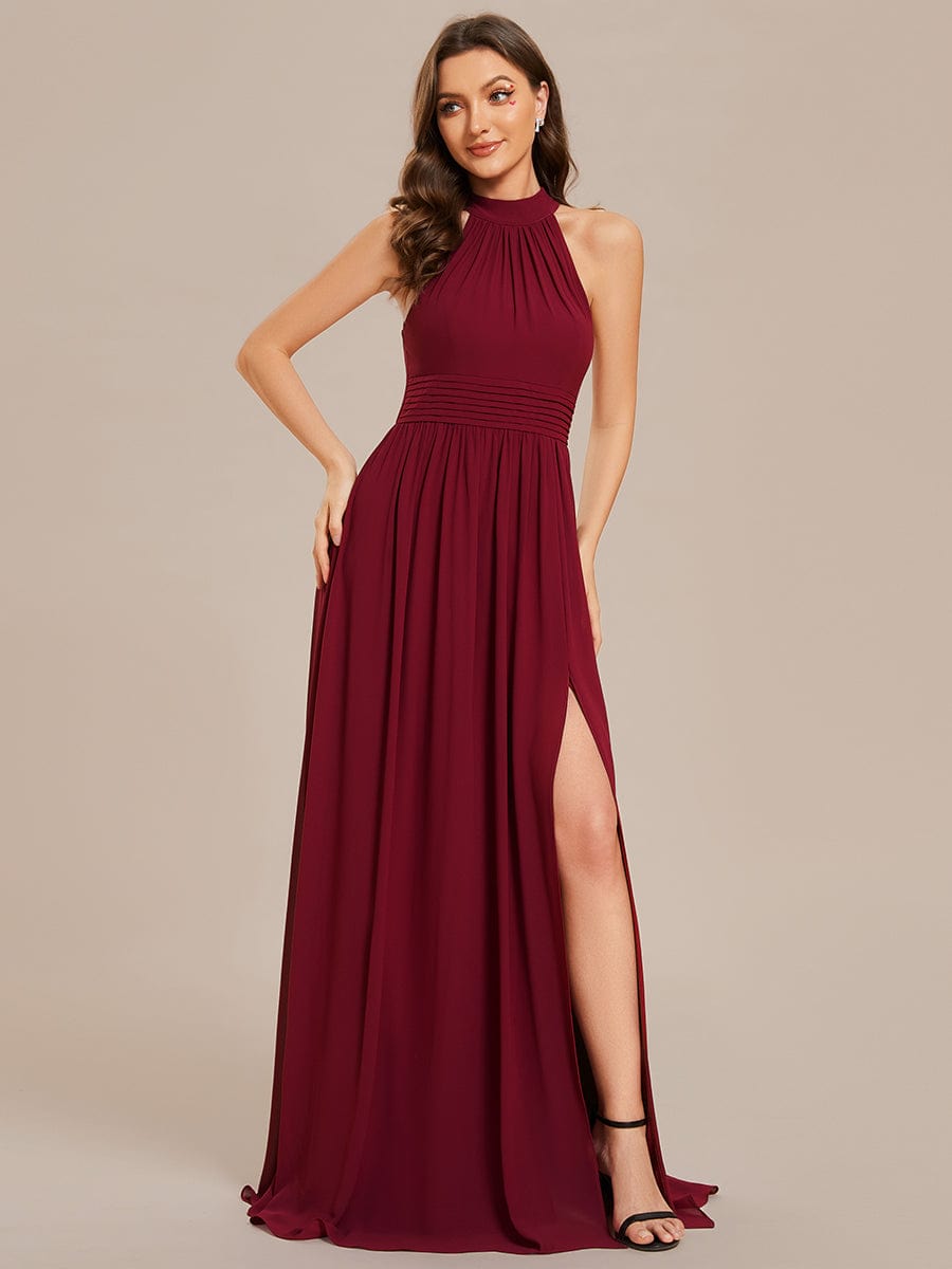 Weitese Chiffon Halter Straps Sleeveless Pleated A-Line High Slit Maxi Bridesmaid Dress