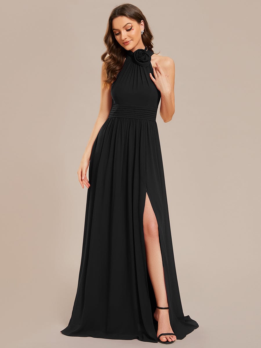 Weitese Chiffon Halter Straps Sleeveless Pleated A-Line High Slit Maxi Bridesmaid Dress