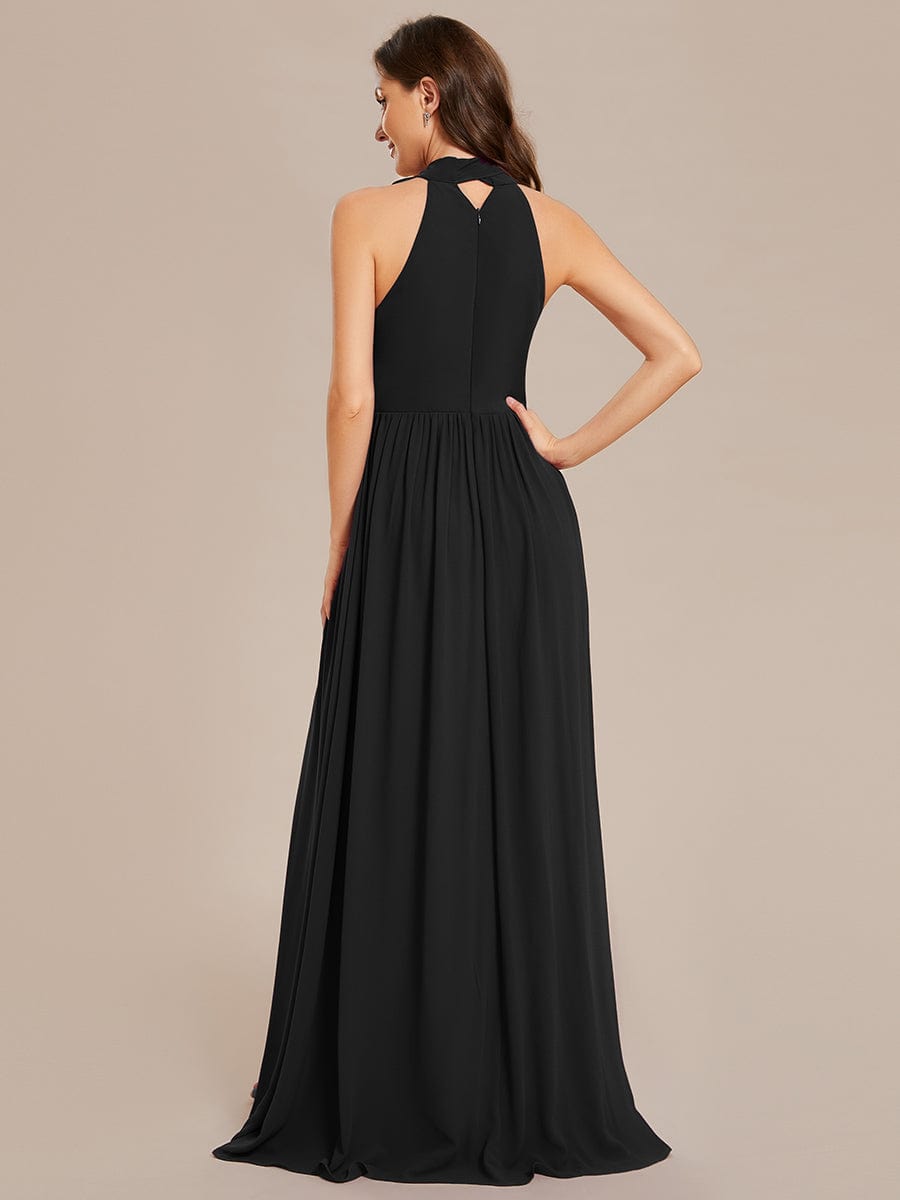 Weitese Chiffon Halter Straps Sleeveless Pleated A-Line High Slit Maxi Bridesmaid Dress