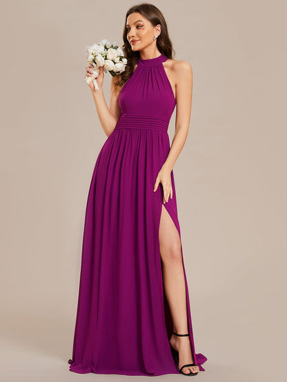 Weitese Chiffon Halter Straps Sleeveless Pleated A-Line High Slit Maxi Bridesmaid Dress