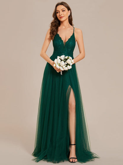 Weitese Spaghetti Straps Cross-Back Lace Top A-Line High Slit Tulle Bridesmaid Dress