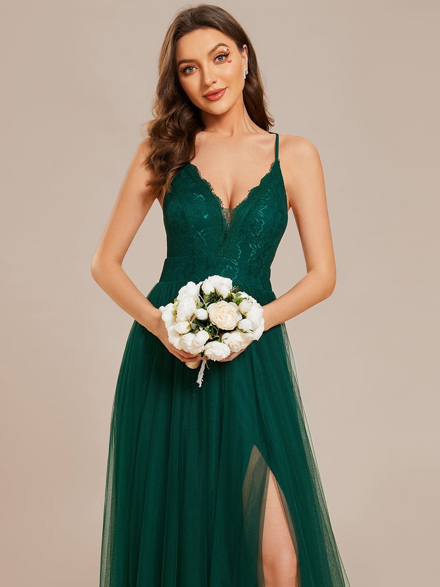 Weitese Spaghetti Straps Cross-Back Lace Top A-Line High Slit Tulle Bridesmaid Dress