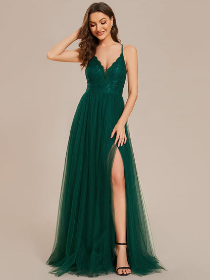 Weitese Spaghetti Straps Cross-Back Lace Top A-Line High Slit Tulle Bridesmaid Dress