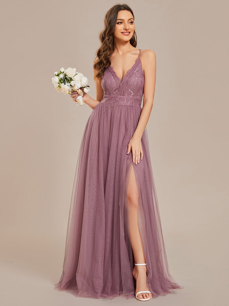 Weitese Spaghetti Straps Cross-Back Lace Top A-Line High Slit Tulle Bridesmaid Dress