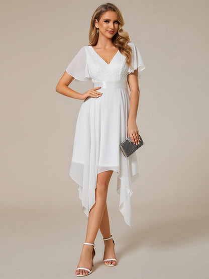 Weitese Asymmetrical Hem Empire Waist Short Sleeves Knee-Length Bridesmaid Dress