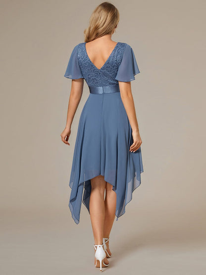 Weitese Asymmetrical Hem Empire Waist Short Sleeves Knee-Length Bridesmaid Dress