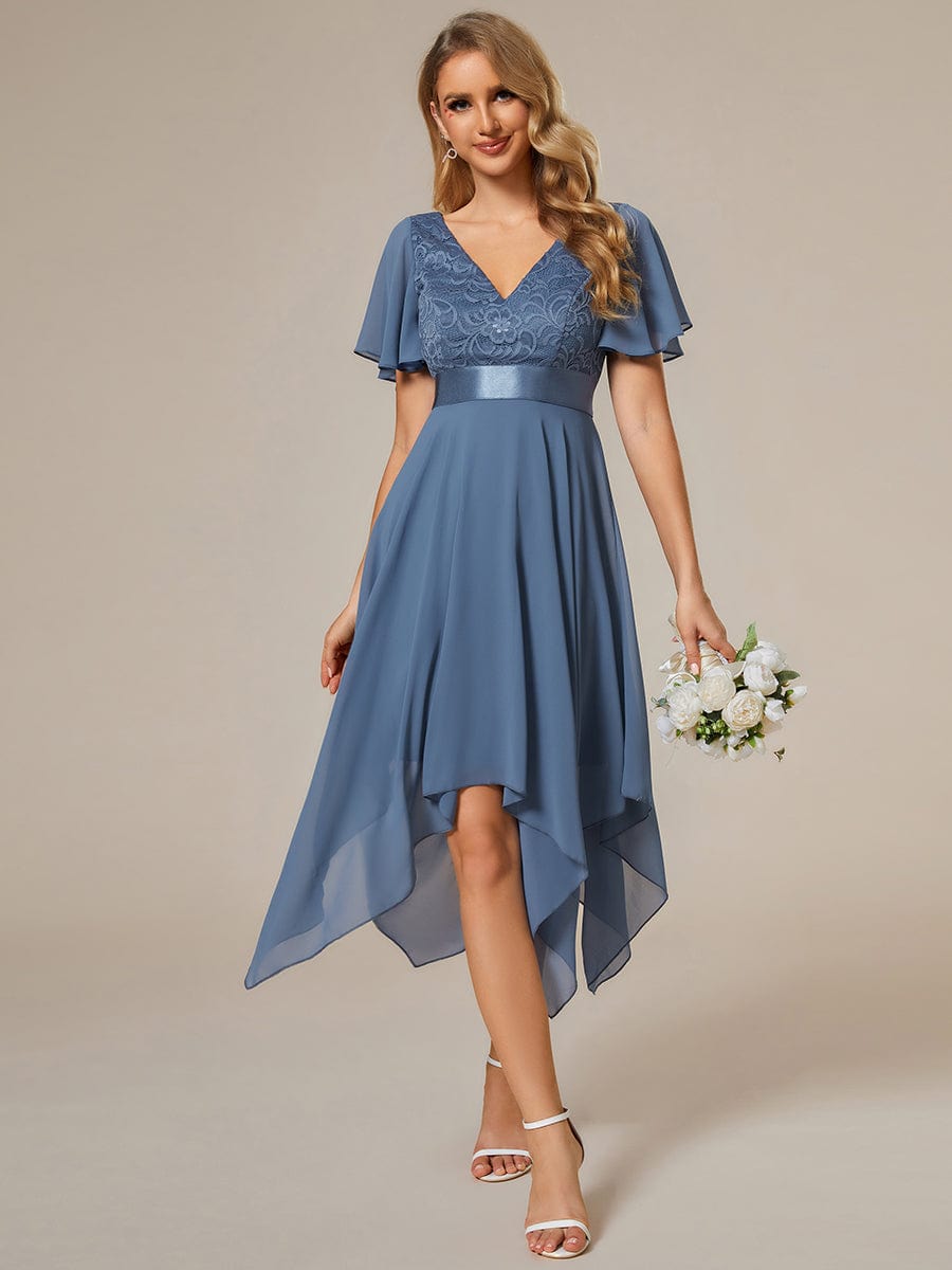 Weitese Asymmetrical Hem Empire Waist Short Sleeves Knee-Length Bridesmaid Dress