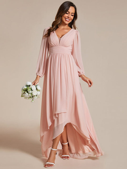 Weitese A-Line Pleated See-Through Long Lantern Midi Chiffon Bridesmaid Dress