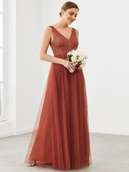 Weitese V-Neck Sleeveless A-Line Tulle Bridesmaid Dress