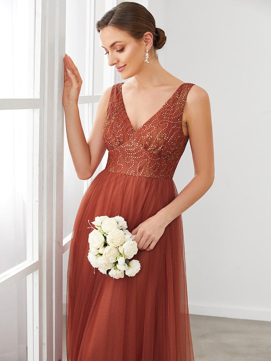 Weitese V-Neck Sleeveless A-Line Tulle Bridesmaid Dress