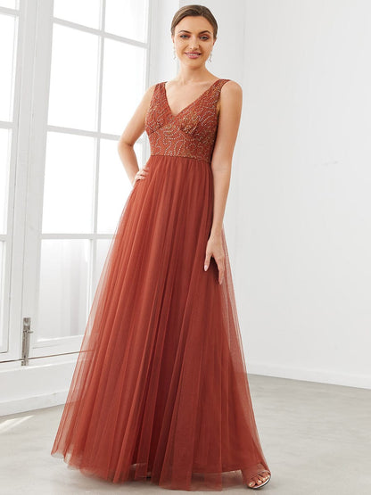 Weitese V-Neck Sleeveless A-Line Tulle Bridesmaid Dress