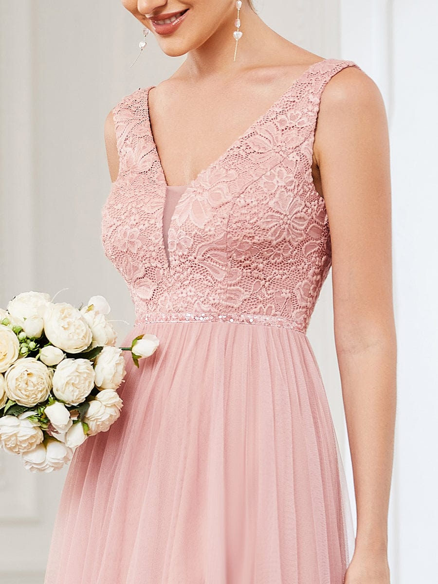 Weitese Lace Sleeveless V-Neck Backless High Low Bridesmaid Dress