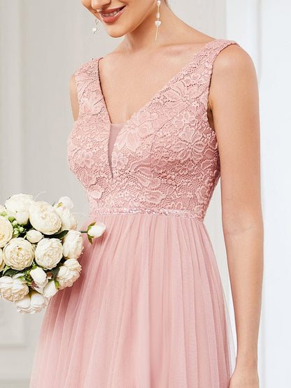 Weitese Lace Sleeveless V-Neck Backless High Low Bridesmaid Dress