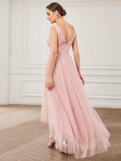 Weitese Lace Sleeveless V-Neck Backless High Low Bridesmaid Dress