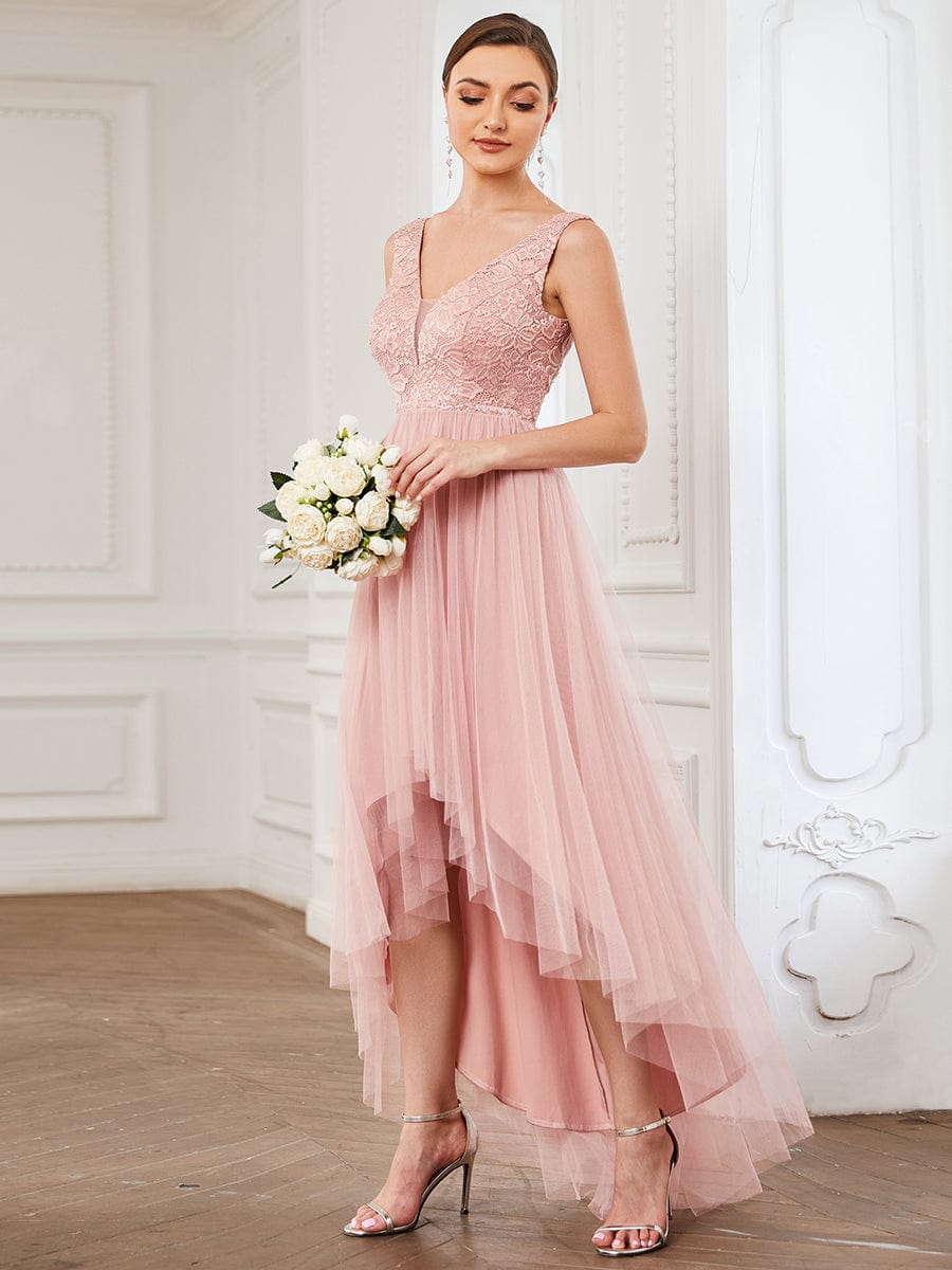 Weitese Lace Sleeveless V-Neck Backless High Low Bridesmaid Dress