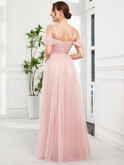 Weitese Cold Shoulder Spaghetti Strap Pleated Sequin Tulle Bridesmaid Dress