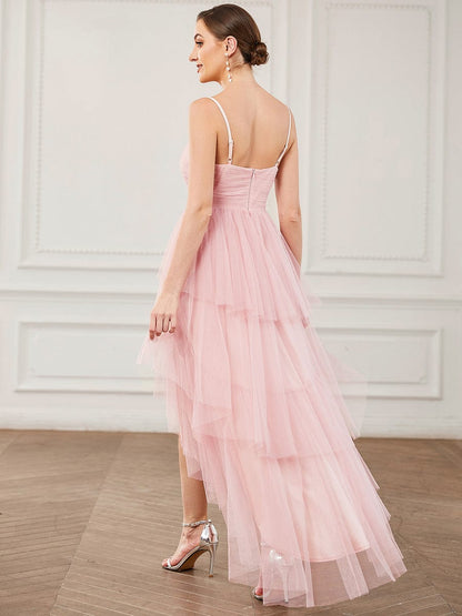 Weitese Tulle Spaghetti Strap Ruffled High-Low Bridesmaid Dress