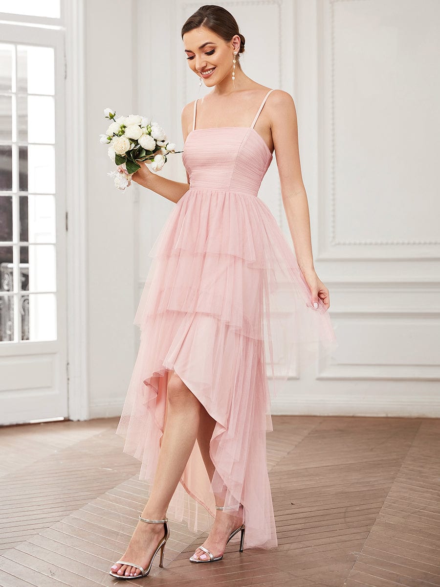 Weitese Tulle Spaghetti Strap Ruffled High-Low Bridesmaid Dress