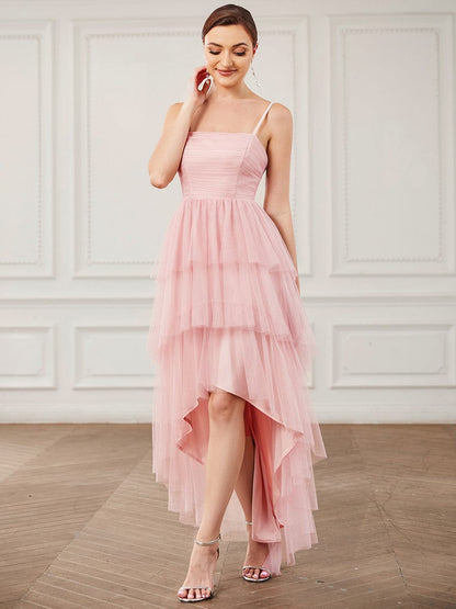 Weitese Tulle Spaghetti Strap Ruffled High-Low Bridesmaid Dress