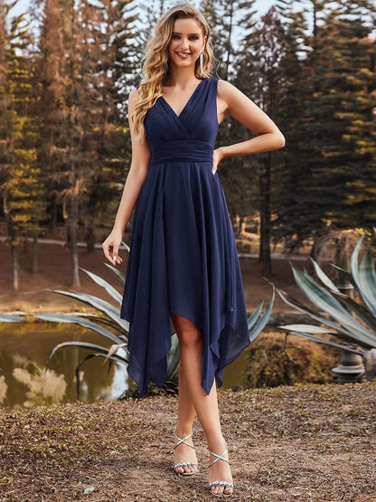 Weitese V Neck Ruched Asymmetrical Hems Midi Chiffon Bridesmaid Dress