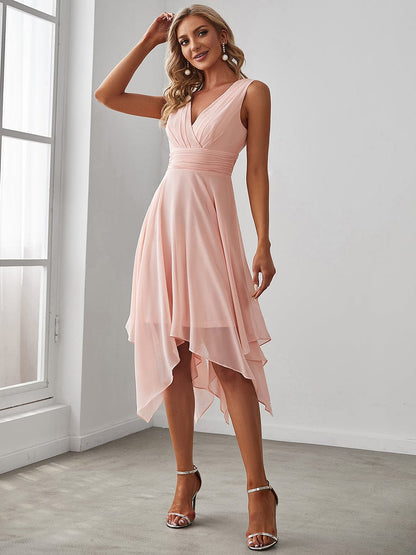 Weitese V Neck Ruched Asymmetrical Hems Midi Chiffon Bridesmaid Dress