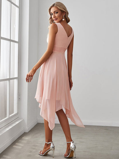 Weitese V Neck Ruched Asymmetrical Hems Midi Chiffon Bridesmaid Dress