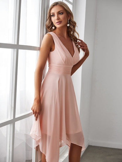 Weitese V Neck Ruched Asymmetrical Hems Midi Chiffon Bridesmaid Dress