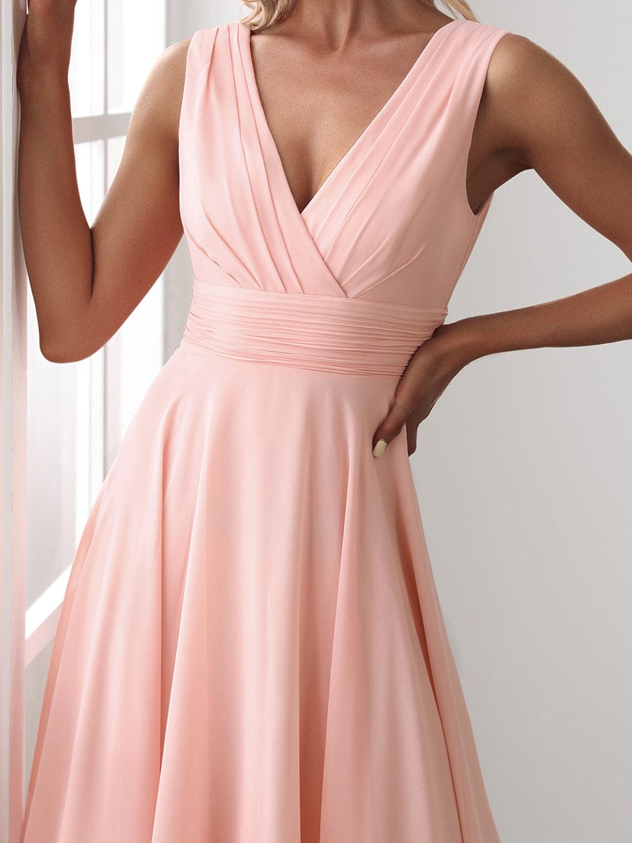 Weitese V Neck Ruched Asymmetrical Hems Midi Chiffon Bridesmaid Dress