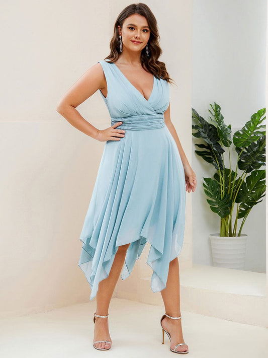 Weitese Plus Size Double V Neck Ruched-Waist Midi Chiffon Bridesmaid Dress